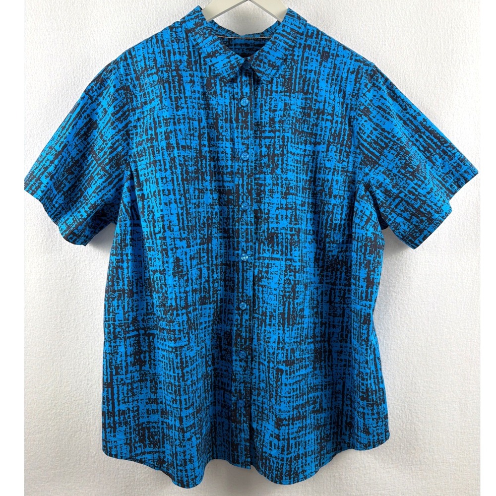 Wildfang The Essential Short Sleeve Button Up Blue Black Abstract Grid Sz 1X